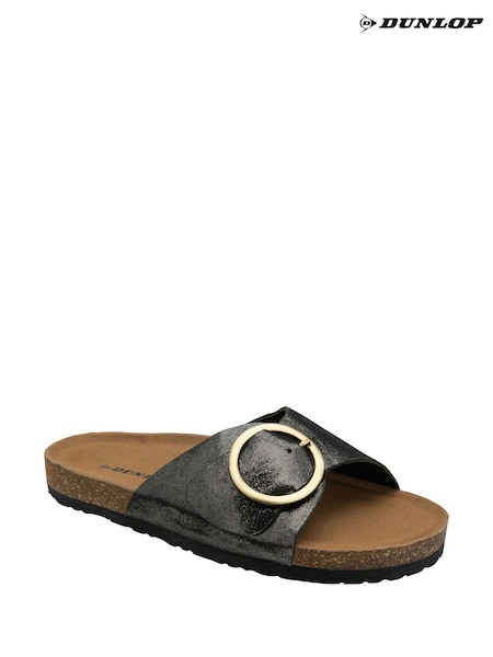 Dunlop Charcoal Black Ladies Single Large Buckle Footbed Sandals (H19450) | €54