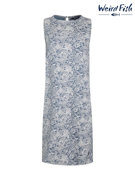 Weird Fish Blue Adenea Printed Jersey 100% Organic Cotton Shift Dress (H19503) | €48