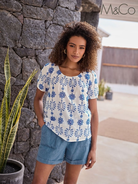 M&Co Blue 100% Cotton Broderie Embroidered Blouses (H19559) | 2,043 UAH