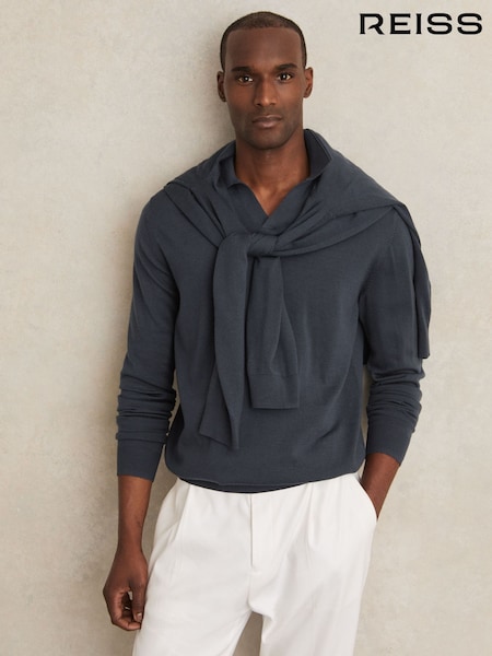 Reiss Midnight Navy Milburn Merino Wool Open-Collar Polo Shirt (H19615) | €142