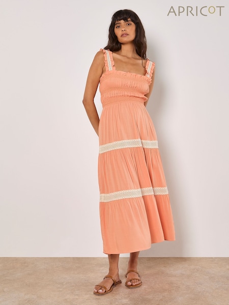 Apricot Orange Smocked Nape Crochet Lace Dress (H19926) | €63