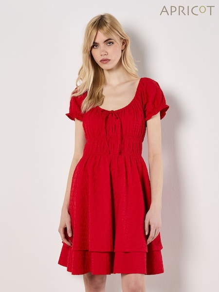 Apricot Red Eyelet Embroidered Milkmaid 100% Cotton Dress (H19927) | €59