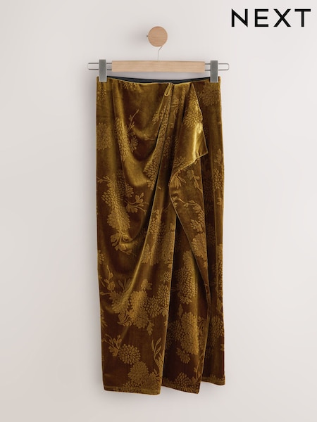 Ochre Yellow Embossed Velvet Draped Midi Skirt (H19964) | 242 QAR