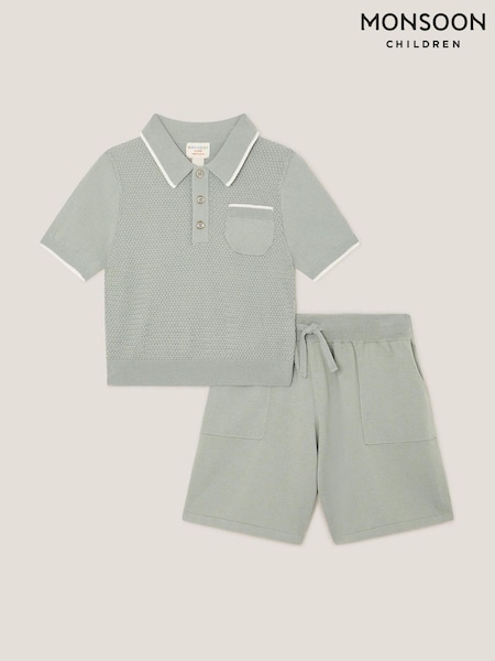 Monsoon Green Knitted 100% Cotton Polo Shirt and Shorts Set (H20015) | R$ 295 - R$ 355