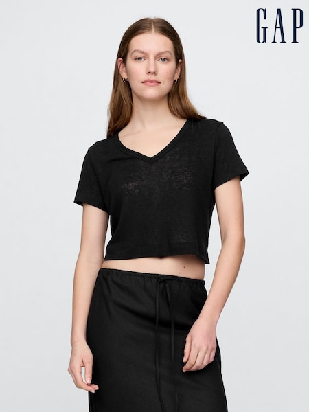 Gap Black Linen-Blend Cropped V Neck T-Shirt (H20096) | €29