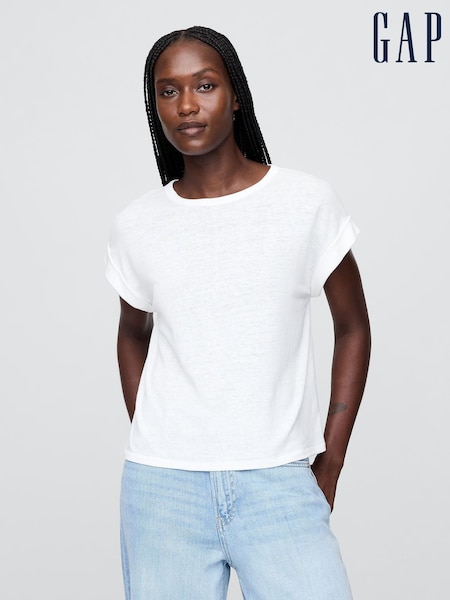 White - Gap Linen-Blend Roll-Cuff T-Shirt (H20098) | 28 €