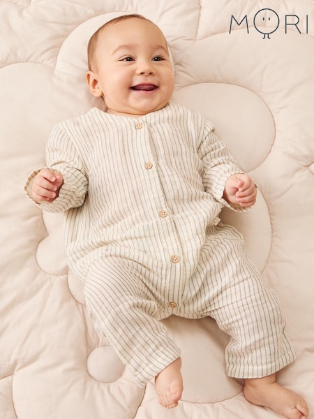 MORI Cream Stripe 100% Cotton Muslin Romper Suit (H20125) | AED210 - AED221