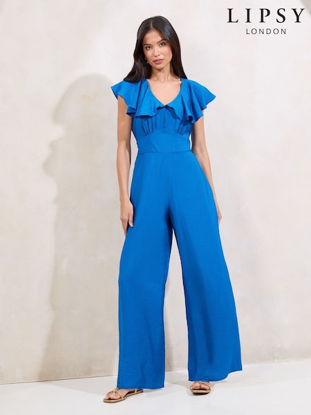 Lipsy Blue Petite V-Neck Ruffle Detail Short Sleeve Jumpsuit (H20217) | €84