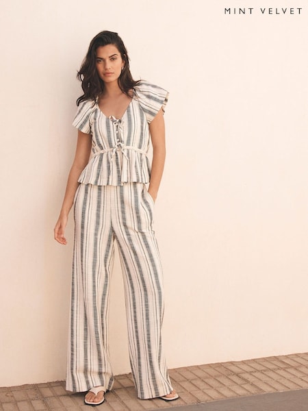 Mint Velvet White 100% Cotton Striped Wide Trousers (H20220) | kr1 414