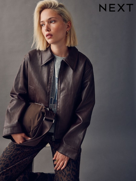 Chocolate Brown Faux Leather Zip Through Jacket (H20296) | €68