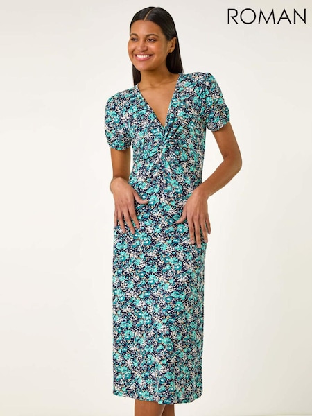 Roman Blue Floral Front Twist Midi Dress (H20505) | €60