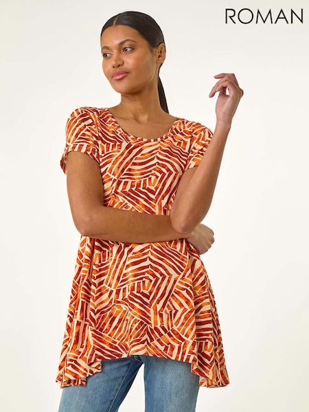 Оранжевый - Roman Leaf Print Hanky Hem Tunic Top (H20509) | €42