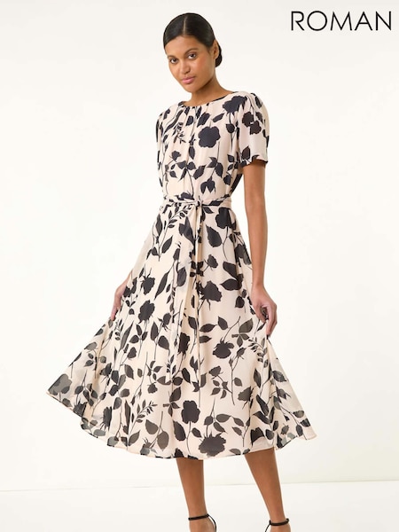 Roman Natural Flower Print Pleat Neck Midi Dress (H20512) | 272 QAR