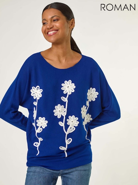 Roman Blue Floral Print Embroidery Knit Jumper (H20513) | $96