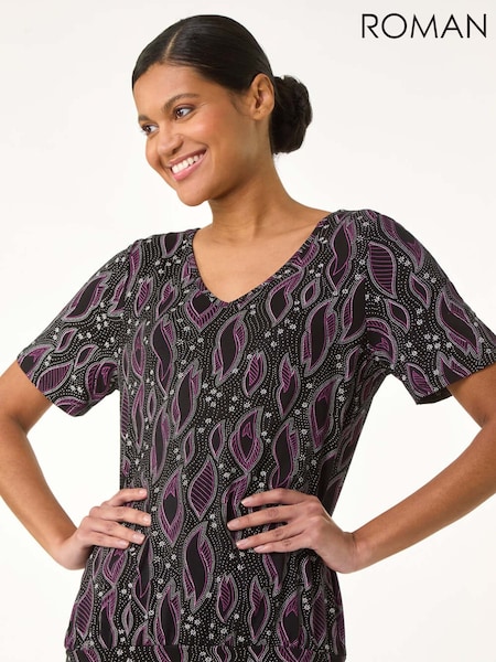 Roman Black Printed Banded Hem Stretch Top (H20514) | €46