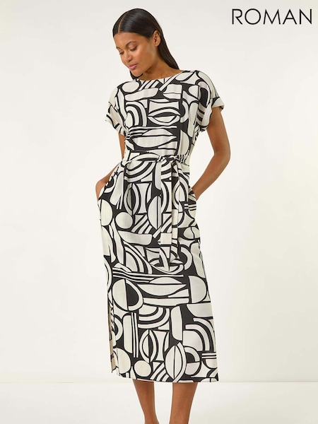 Roman Natural Geometric Textured Midi Dress (H20517) | €60