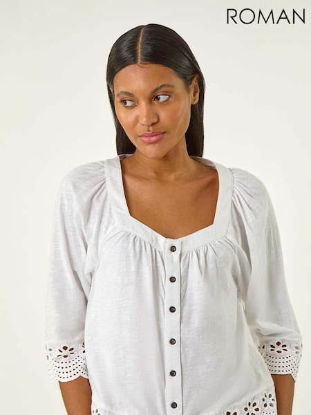 Roman White Broderie Button Stretch 100% Cotton Blouse (H20522) | €45