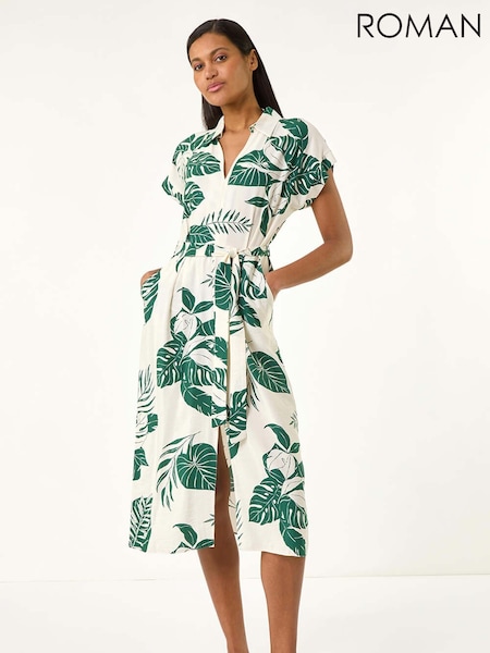 Roman Green Leaf Print Belted Shirt Midi Dress (H20524) | €60