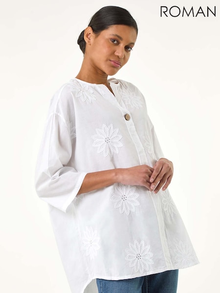 Roman White 100% Cotton Floral Embroidered Tunic Top (H20525) | €53