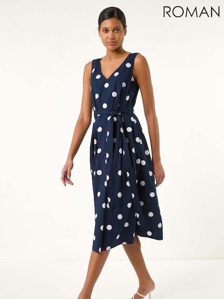 Roman Blue Spot Print Belted Midi 100% Cotton Dress (H20530) | €58