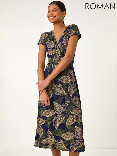 Roman Blue Leaf Print Midi Wrap Dress (H20533) | €60