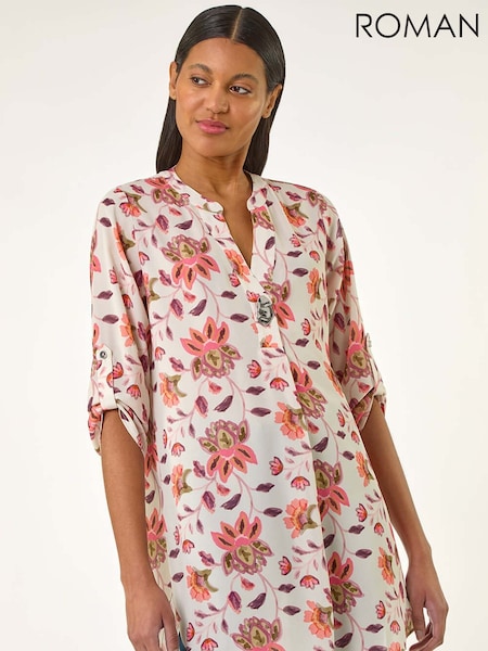 Roman Orange Floral Print Button V-Neck Tunic Top (H20544) | 2,704 UAH