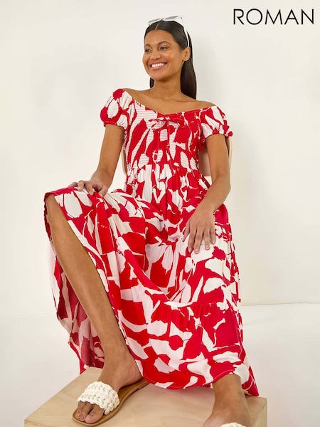 Roman Red Shadow Floral Print Tie Tiered Dress (H20549) | €66