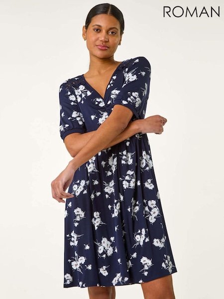 Roman Floral Print Lace Trim Stretch Dress (H20550) | 372 LEI