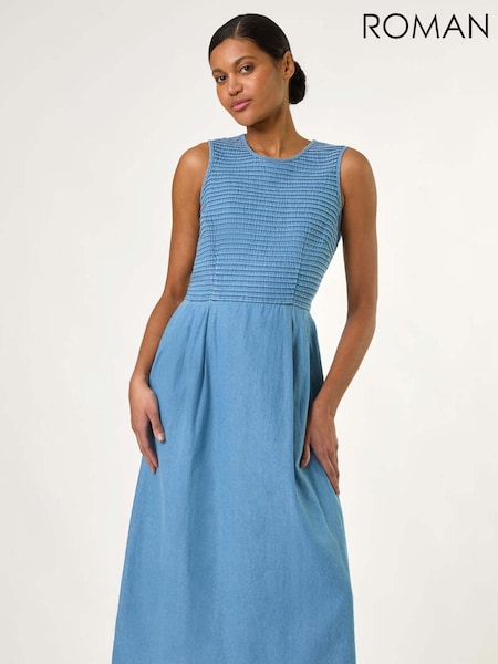 Roman Blue 100% Cotton Denim Midi Stretch Dress (H20551) | €60