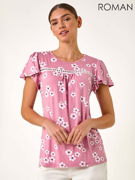 Vaaleanpunainen - Roman Kukallinen Printti; kuvio Tikkaat Trim Stretch- Top (H20552) | €57