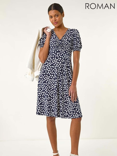 Roman Blue Spot Print Gathered Midi Dress (H20558) | €68