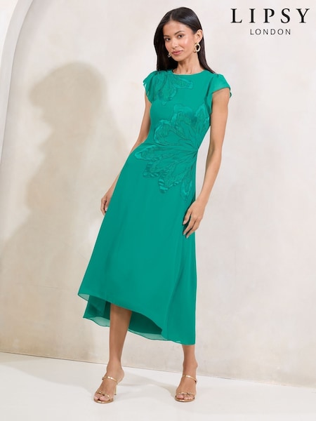 Green - Lipsy Floral Print Appliqué Fit And Flare Short Sleeve Midi Dress (H20623) | 670 LEI