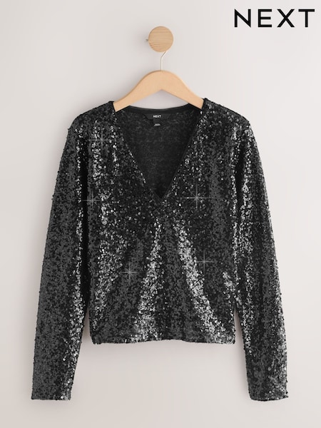 črna - V-Neck Sequin Long Sleeve Top (H20652) | € 31