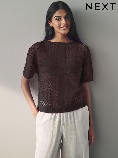 Brown Chocolate Short Sleeve Crochet Crew Neck T-Shirt (H20740) | €32.50