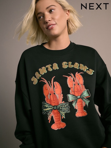 Black Seasonal Christmas Graphic Lobster 'Santa Claws' Longsleeve Crewneck Sweatshirt (H20784) | €45