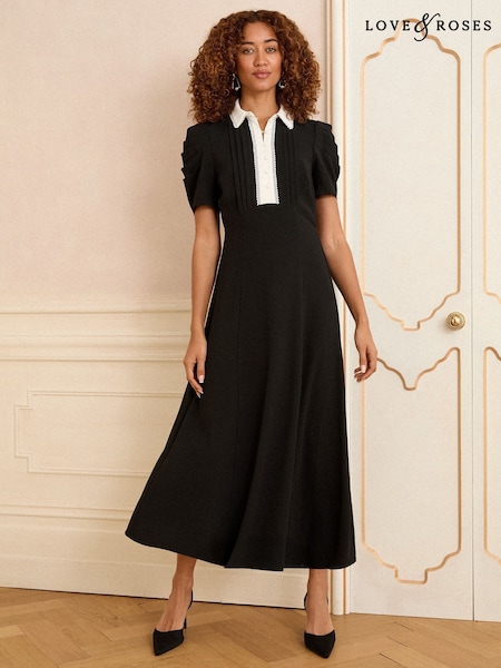 Love & Roses Black Petite Contrast Collar Midi Shirt Dress (H20830) | €87
