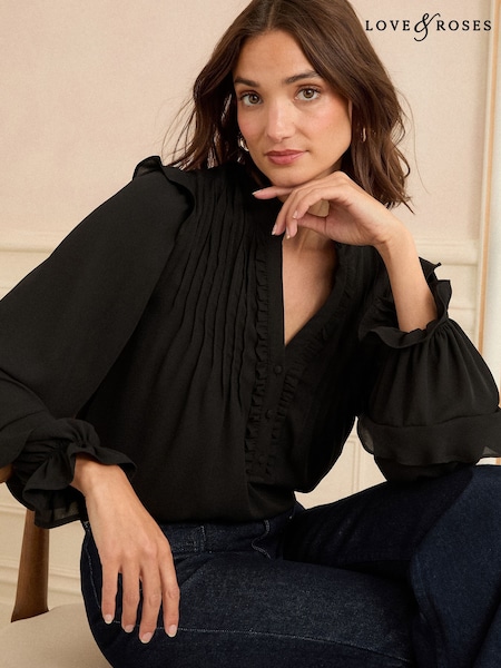 Preto - Love & Roses V-Neck Pintuck Detail Long Sleeve Blouse (H20867) | R$ 375