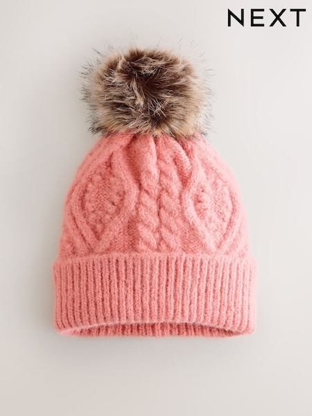 Coral Pink Cable Knitted Pom Hat (H20869) | €20