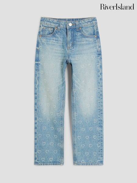 River Island Blue Girls Denim Heart Diamonte Straight 100% Cotton Jeans (H20918) | R$ 255