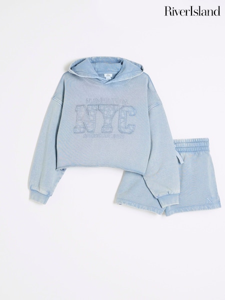 River Island Blue Girls Washed Short 100% Cotton Sweat Set (H20922) | €40
