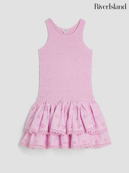 River Island Girls Shirred Broderie Rara 100% Cotton Dress (H20925) | 156 LEI