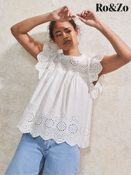 Ro&Zo Broderie Flutter Sleeve 100% Cotton Top (H20989) | ₺3.457