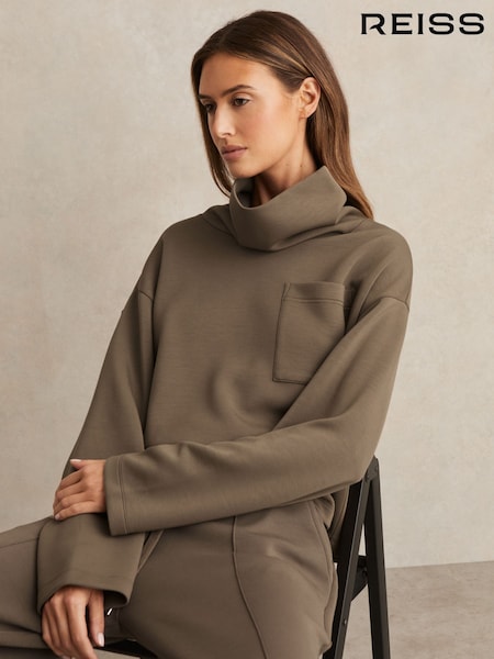 Reiss Khaki Green Iris Interlock Jersey Funnel Neck Sweatshirt (H21017) | €170