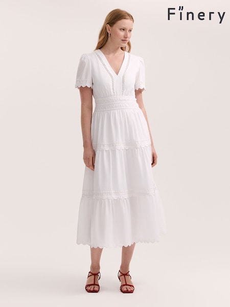 Finery White Wren Cotton Ric Rac Detail Tiered Midi Dress (H21110) | €75