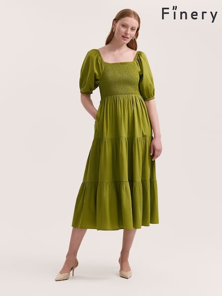 Finery Green Melody Cotton Shirred Midi Dress (H21111) | €62