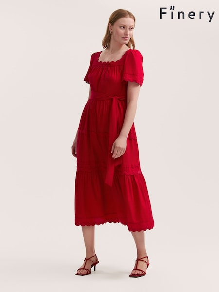 Finery Red Corina Cotton Ric Rac Detail Tiered Midi Dress (H21122) | €75