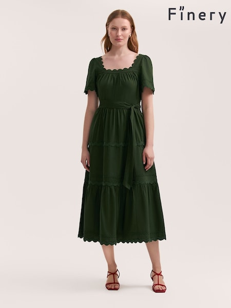 Finery Green Corina Cotton Ric Rac Detail Tiered Midi  Dress (H21135) | €75