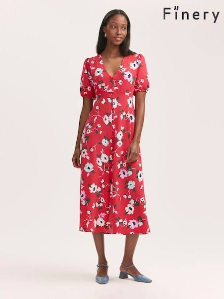 Finery Orange Robyn Floral Print Button Through Midi  Dress (H21136) | €62
