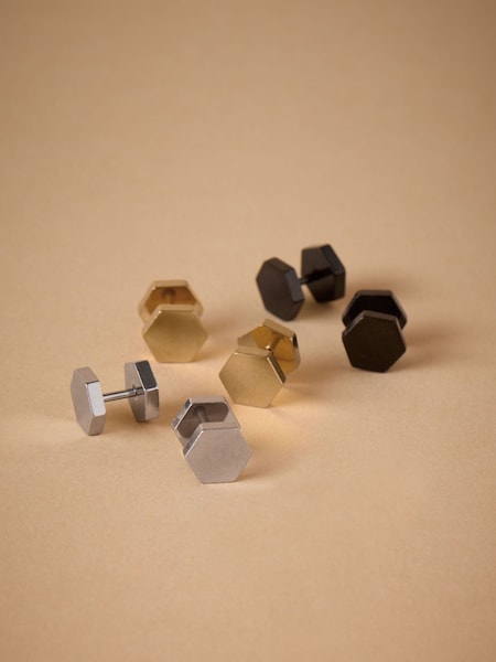 DCK Mens Silver Tone Stainless Steel Hexagon Stud Earrings Pack (H21174) | €20.50