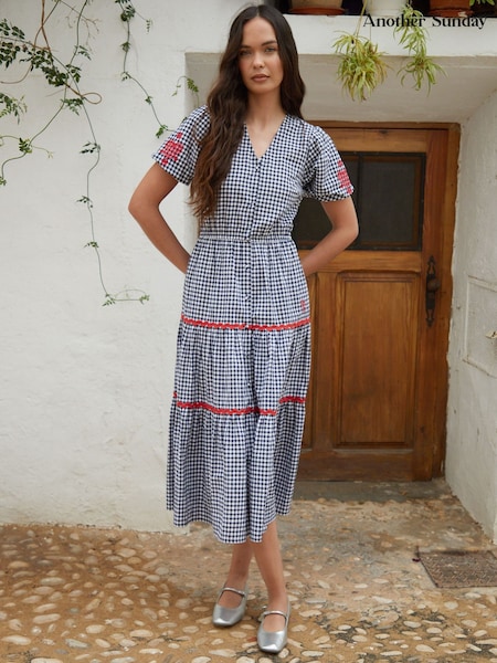 Another Sunday Navy Gingham Button Through V-Neck Puff Sleeve Tiered 100% Cotton Midi Dress (H21204) | €77